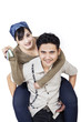 Girlfriend holds key lifted by her boyfriend