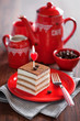 Slice of tiramisu cake, selective focus