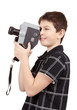 young boy with old vintage analog 8mm camera