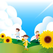 夏の子供たち　入道雲とひまわり