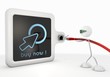 buy now symbol with futuristic 3d character