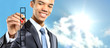 Happy businessman choosing one of three options