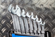 Set of brilliant nut keys of different sizes on support..
