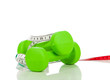 Two green dumbbells on a white background