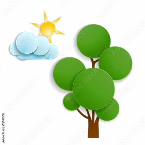 Vector: green tree with cloud and sun green tree with cloud and sun