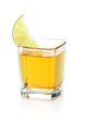 Photo: Shot of gold tequila with lime slice Shot of gold tequila with lime slice