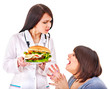Woman with hamburger and doctor.