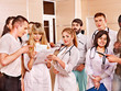 Group doctors at reception in hospital.