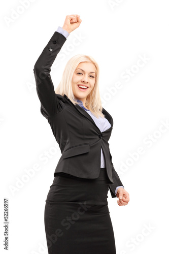 Photo: Young smiling businesswoman gesturing happiness Young smiling businesswoman gesturing happiness