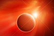 Planet Earth with Moon and rising Sun on Red Nebula