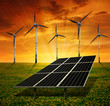 Photo: Solar panels and wind turbine in the setting sun Solar panels and wind turbine in the setting sun