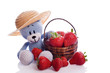 cute blue teddy bear with hat and fresh strawberries