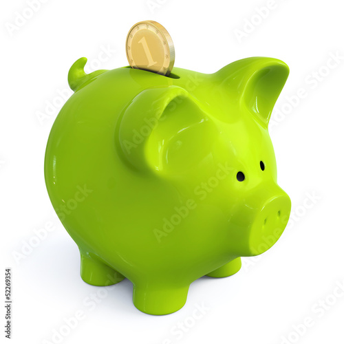 Illustration: Green piggy bank with coin Green piggy bank with coin
