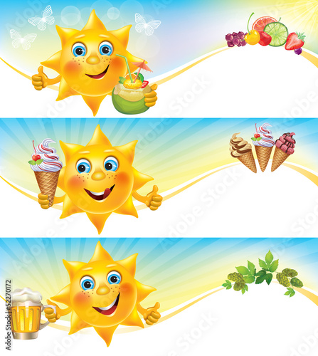 Vector: Fun sun with ice cream and cool drinks horizontal banners Fun sun with ice cream and cool drinks horizontal banners