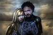 Lovers, couple of super heroes of the future, desert landscape