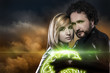 Lovers, couple of super heroes of the future, green shield over