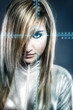 communications concept, young blonde with silver latex jumpsuit