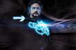 Photo: Future man, science fiction image, warrior with neon shield Future man, science fiction image, warrior with neon shield
