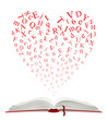 Open book with heart of letters