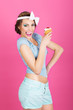 Retro pin-up fashionable brunette with delicious icecream