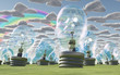 Human head bulbs under happy sky