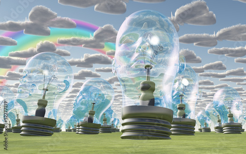 Photo: Human head bulbs under happy sky Human head bulbs under happy sky