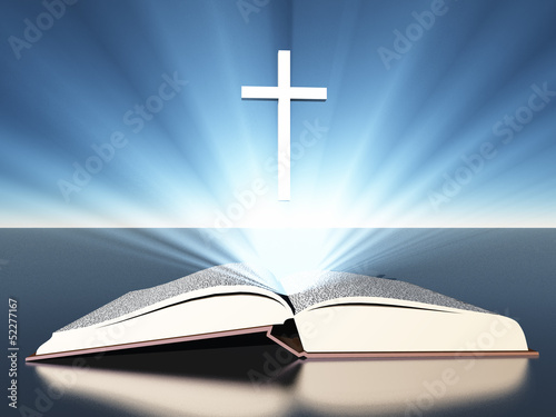 Illustration: Light radiates from bible under cross Light radiates from bible under cross