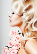 canvas print picture - beautiful blonde curls and pink roses