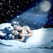 Loving fairy couple in a bed of snow