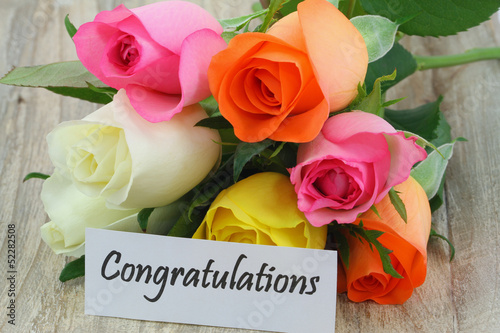 Photo: Congratulations note with colorful roses bouquet Congratulations note with colorful roses bouquet