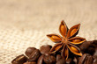 Coffee and Star Anise on sackcloth background with copyspace