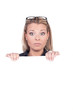 Surprised woman holding a blank sign