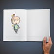 Illustration: Giant with friends inside a book. Giant with friends inside a book.