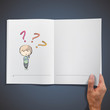 Boy surrounded by questions inside a book.