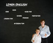 Boy business man and teacher with learn English background