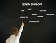 Hand up answer boy business man with learn English background