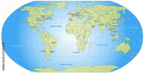 Illustration: Worldmap with important Cities Worldmap with important Cities