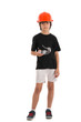 Beautiful child with orange helmet isolated on a over white back