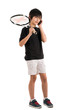 Portrait of a cute kid with tennis racquet isolated on white bac
