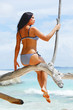 Photo: Woman sitting on tree near sea Woman sitting on tree near sea