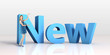 Young woman standing next to a word NEW