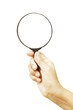 Hand holding magnifying glass isolated on white background