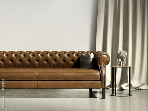 Illustration: Brown leather classic vintage chedterield sofa living room Brown leather classic vintage chedterield sofa living room