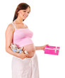 Pregnant woman with shopping bag.