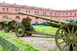 Old vintage Russian artillery systems and equipment on grass