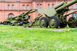 Old vintage Russian artillery systems and equipment on grass