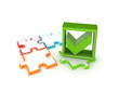 Illustration: Colorful puzzles and green tick mark. Colorful puzzles and green tick mark.