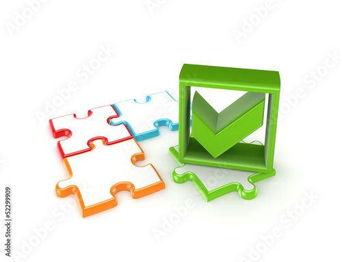 Illustration: Colorful puzzles and green tick mark. Colorful puzzles and green tick mark.