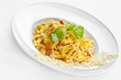 Tasty food. Pasta with roasted meat.