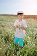 Photo: boy in blue shorts and a cap walks on chamomile field boy in blue shorts and a cap walks on chamomile field